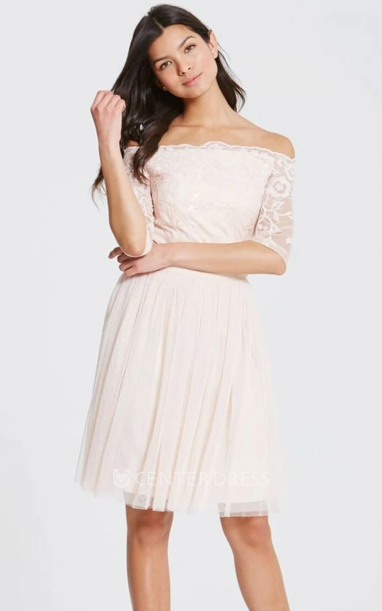 Mini Off-The-Shoulder Lace Short Sleeve Tulle Bridesmaid Dress With Embroidery
