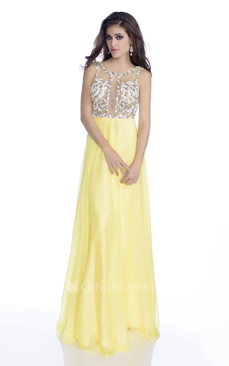 Sleeveless A-Line Chiffon Long Prom Dress With Sequined Bodice And Deep V-Back