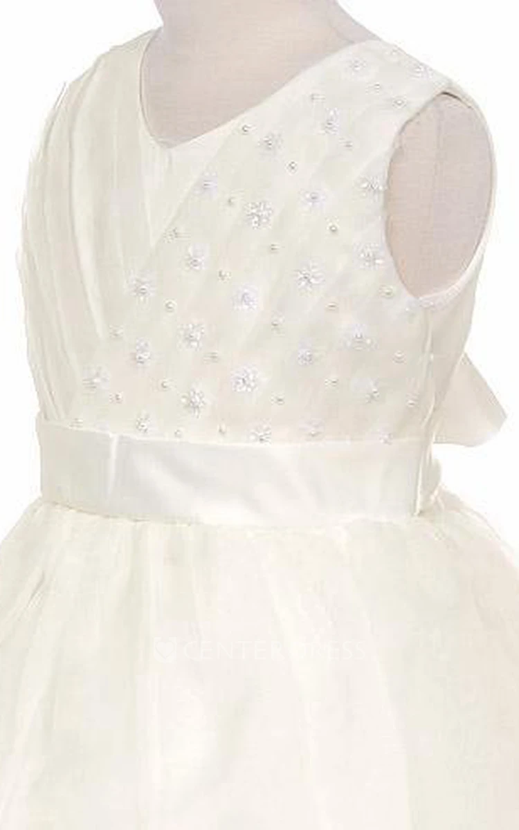 V-Neck Tea-Length Tiered Pleated Organza&Satin Flower Girl Dress With Sash