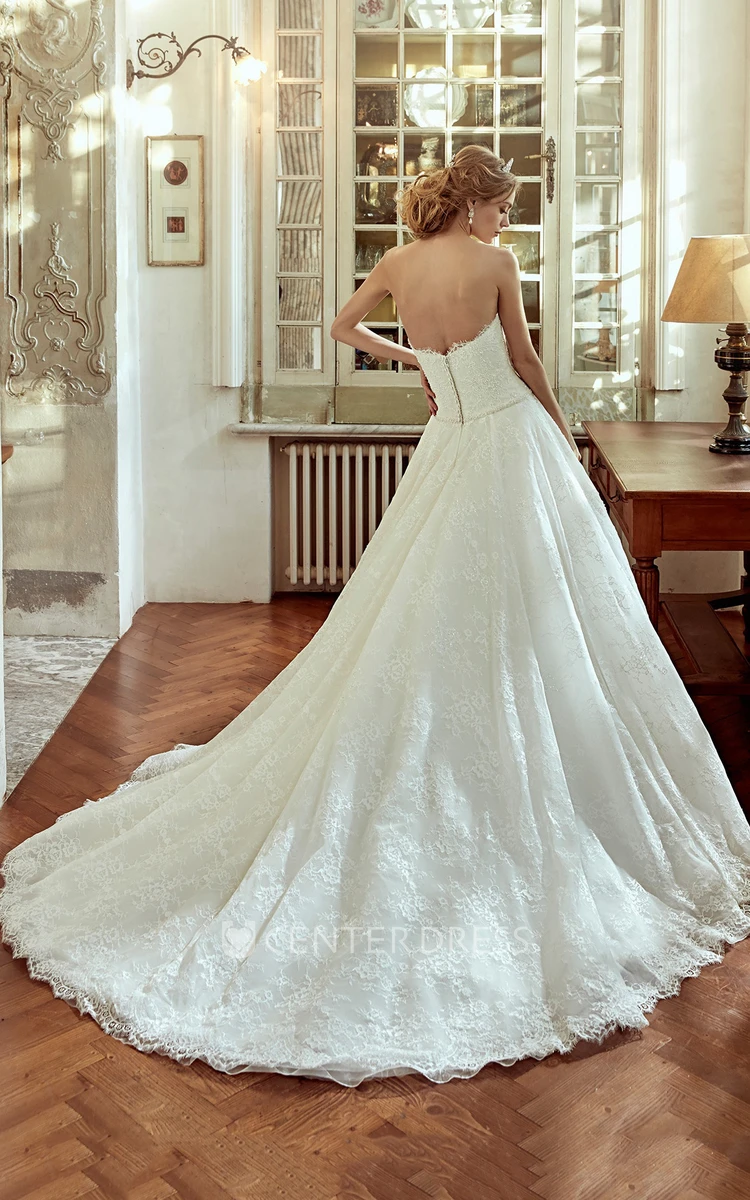 Strapless Waist-Draping Lace Wedding Dress With Court Train And Appliques