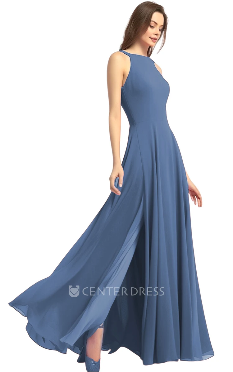 Casual A-Line Chiffon Bridesmaid Dress with Halter Neck and Split Front 2024 Simple