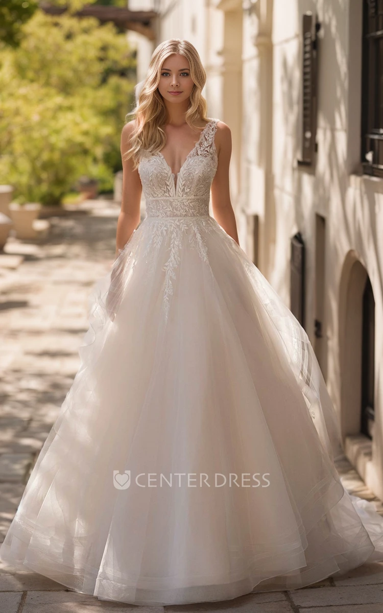 Romantic Elegant A-Line Plunging Neckline Lace Appliques Tulle Wedding Dress Sexy Sleeveless Floor-length Ruffles Button Deep-V Back Bridal Gown