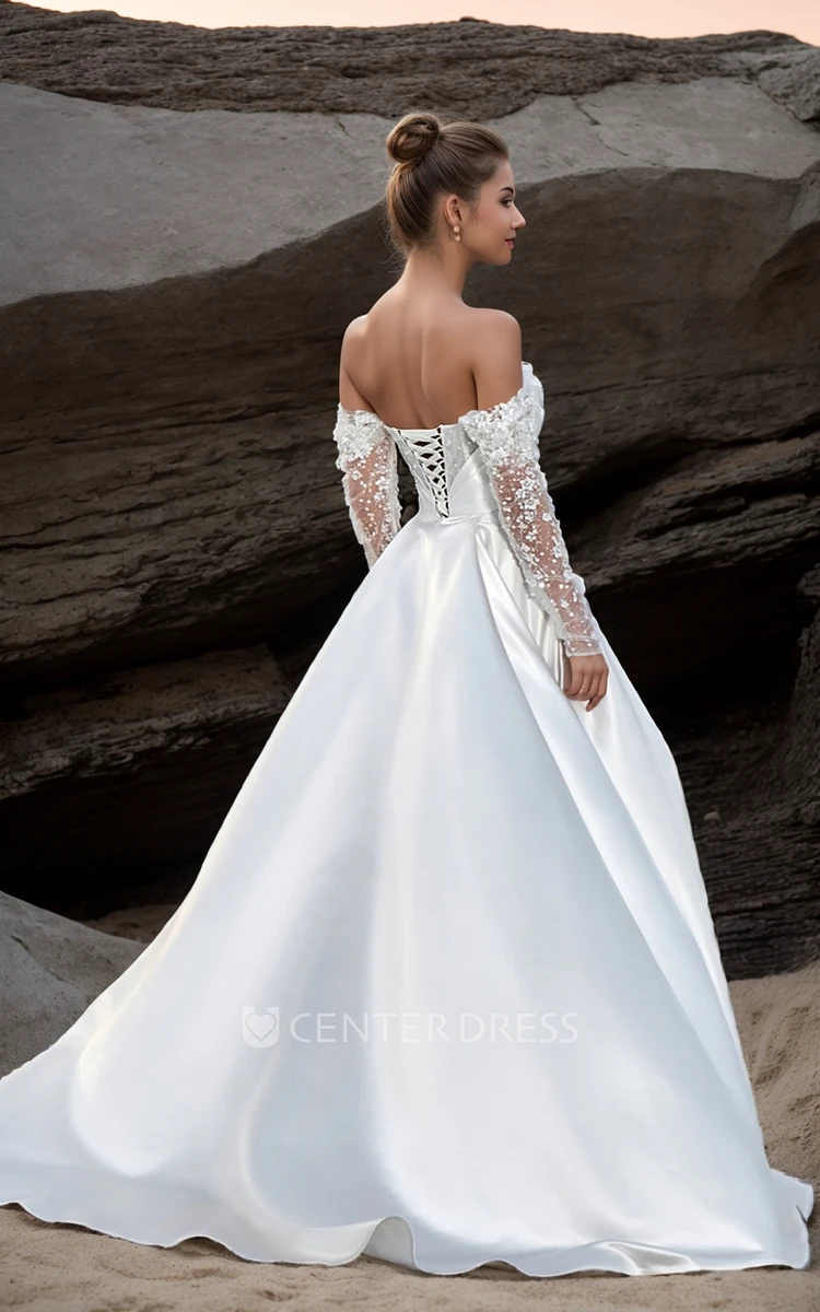 Modern Elegant Long Sleeve A-Line Wedding Dress Minimalist Beach Ruched Off the Shoulder Sequined Satin Corset Back Bridal Gown