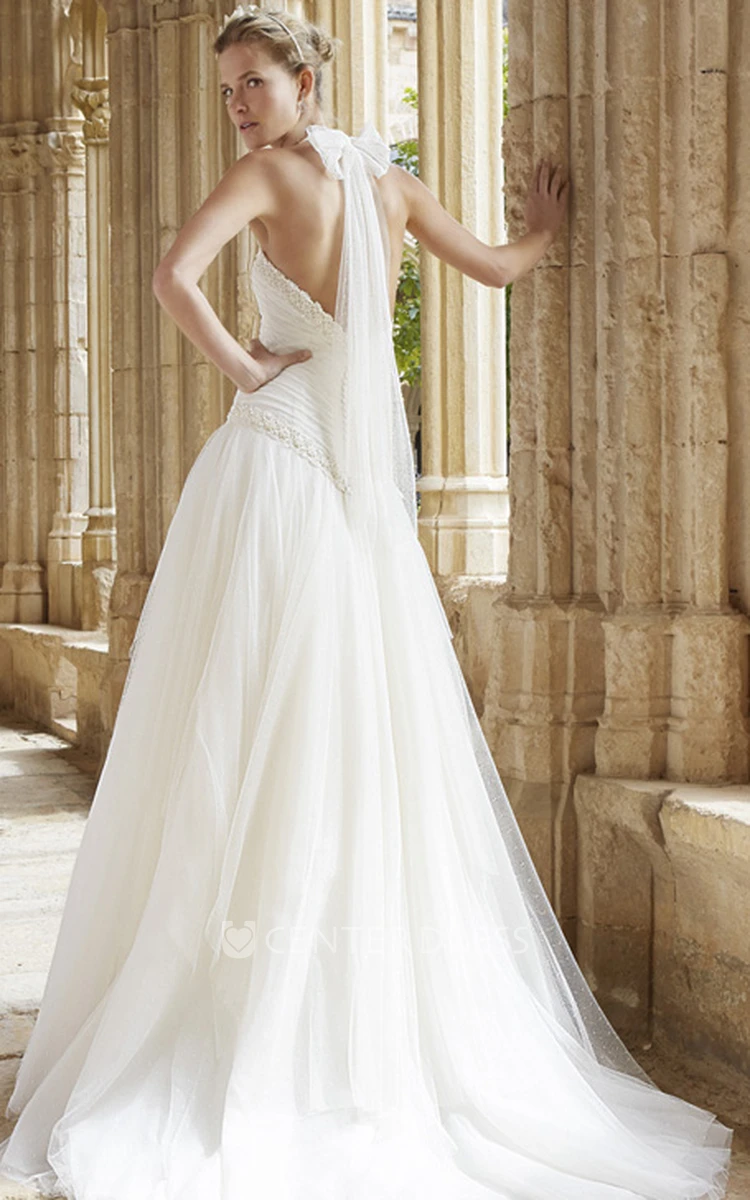 A-Line High Neck Ruched Sleeveless Floor-Length Tulle Wedding Dress With Draping And Beading