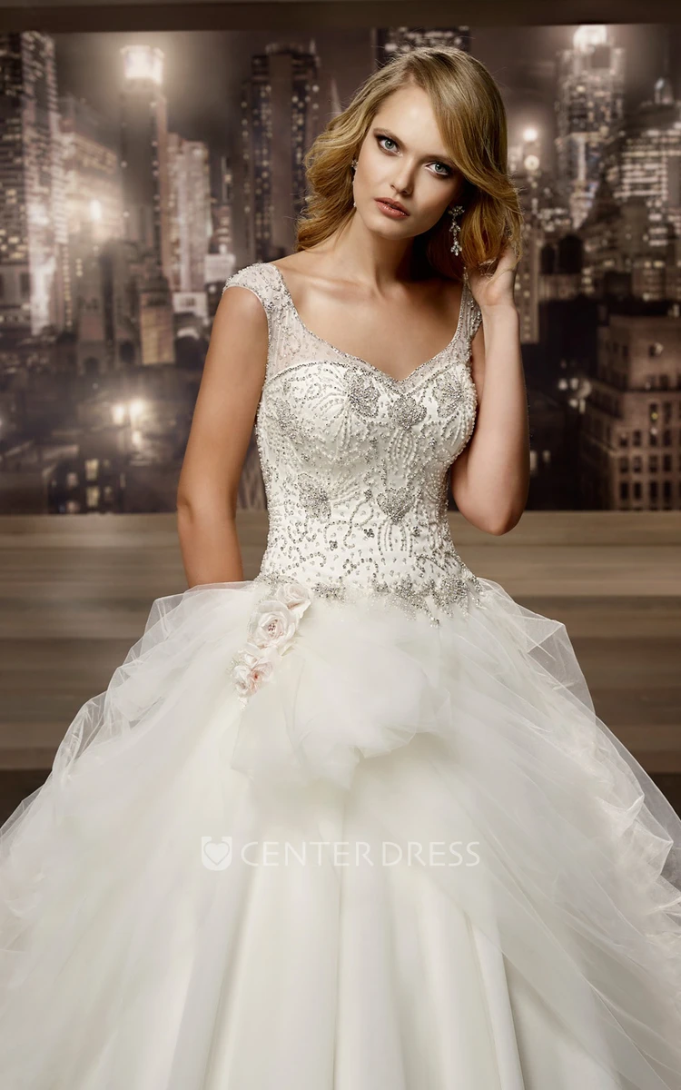 V-neck A-line Wedding Gown with Beaded Corset and Asymmetrical Ruffles Overlayer