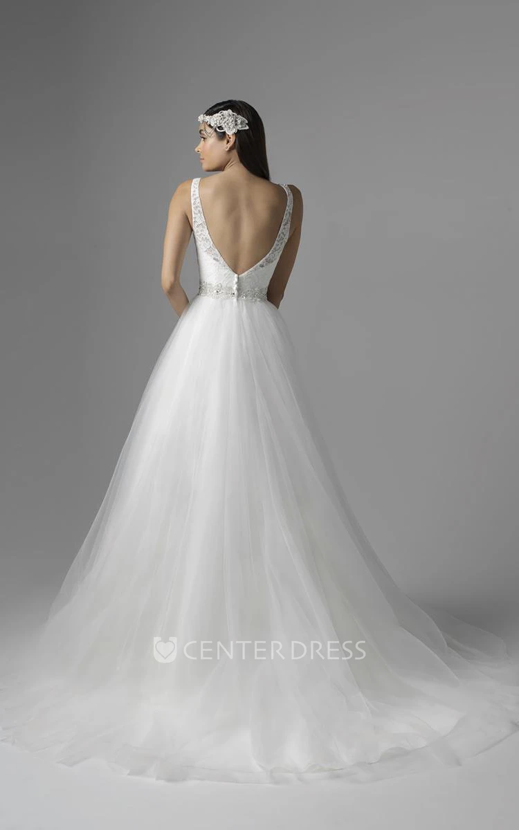 Long V-Neck Appliqued Jeweled Tulle&Lace Wedding Dress With Court Train And V Back
