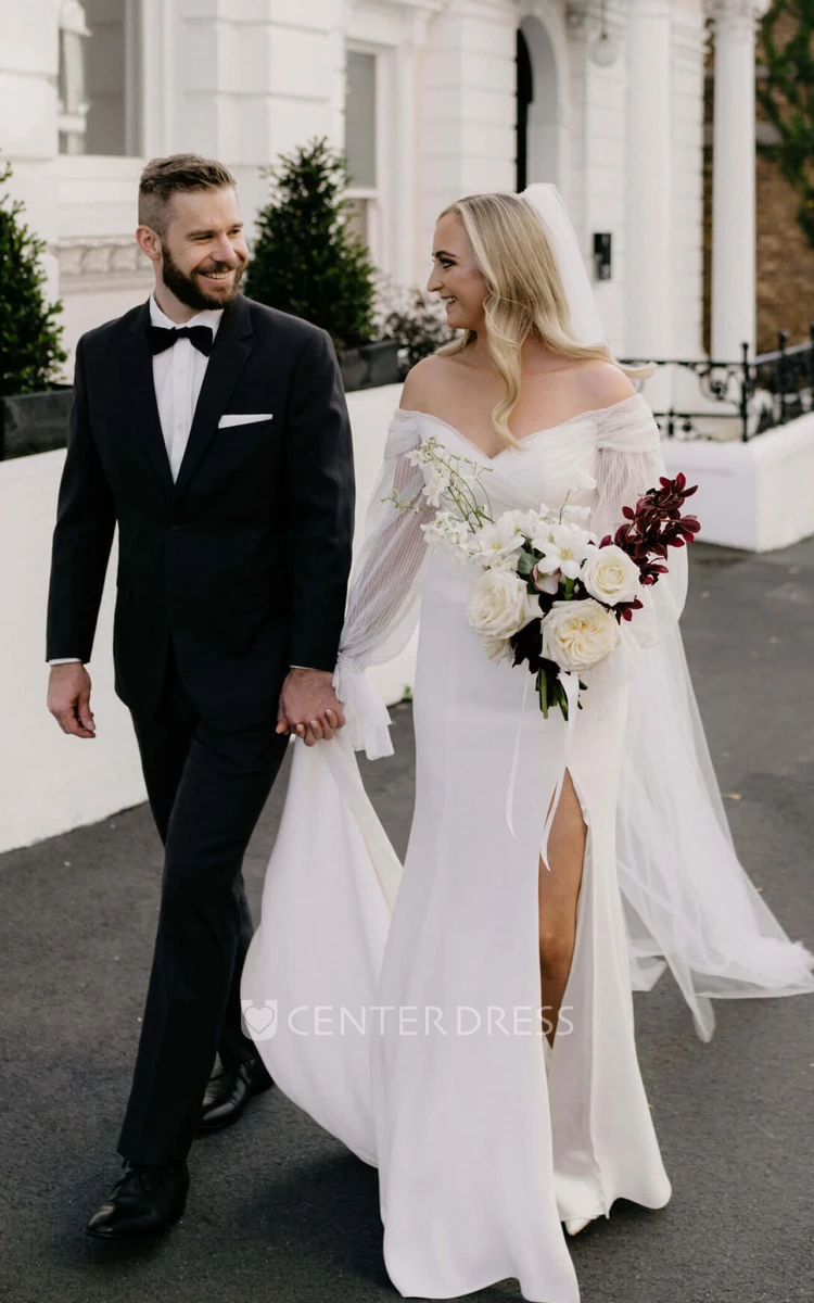 Stylish Sheath Chiffon Off-the-Shoulder Wedding Dress with Ruching Modern Wedding Dress