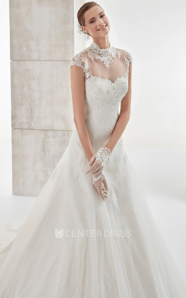 High-neck Cap-sleeve Wedding Dress with Lace Appliques and Illusive Design