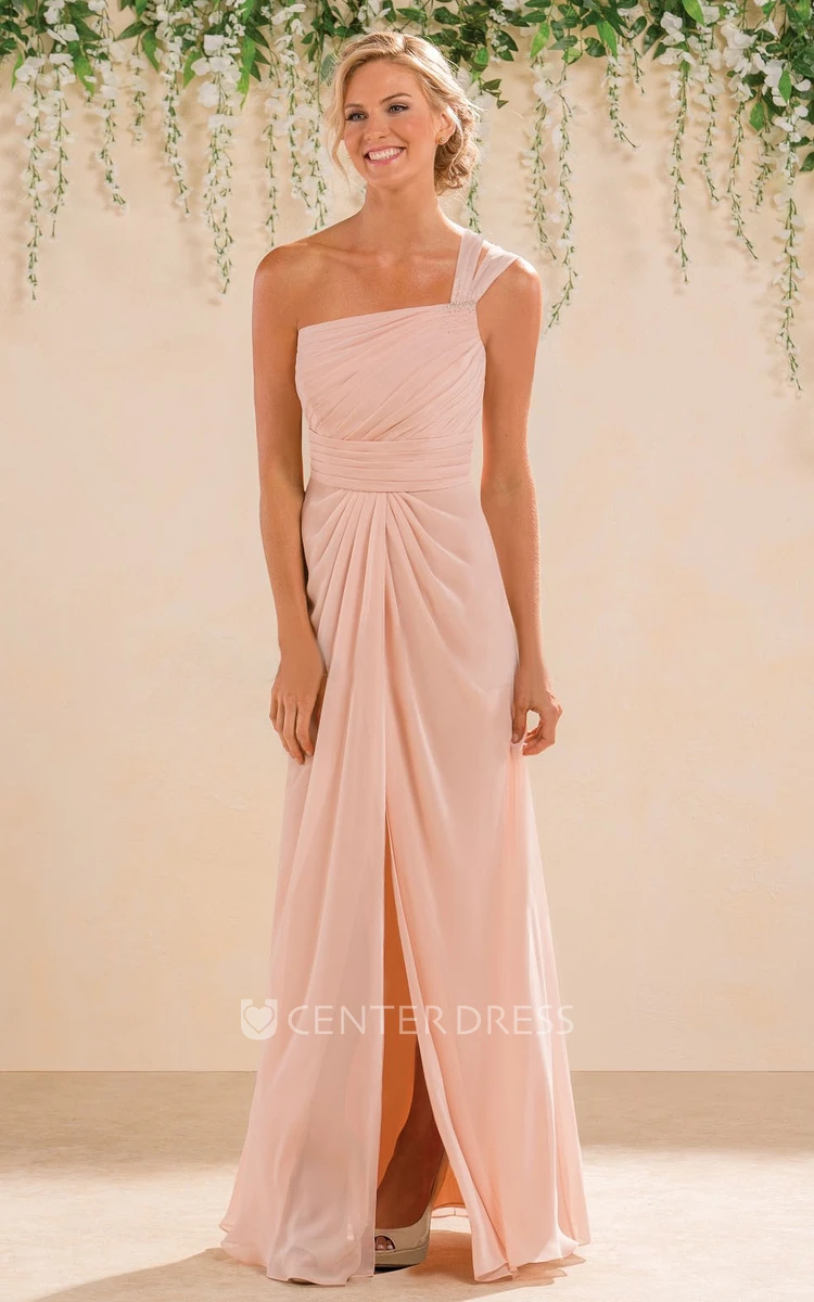 One-Shoulder A-Line Long Bridesmaid Dress With Front Slit And Pleats