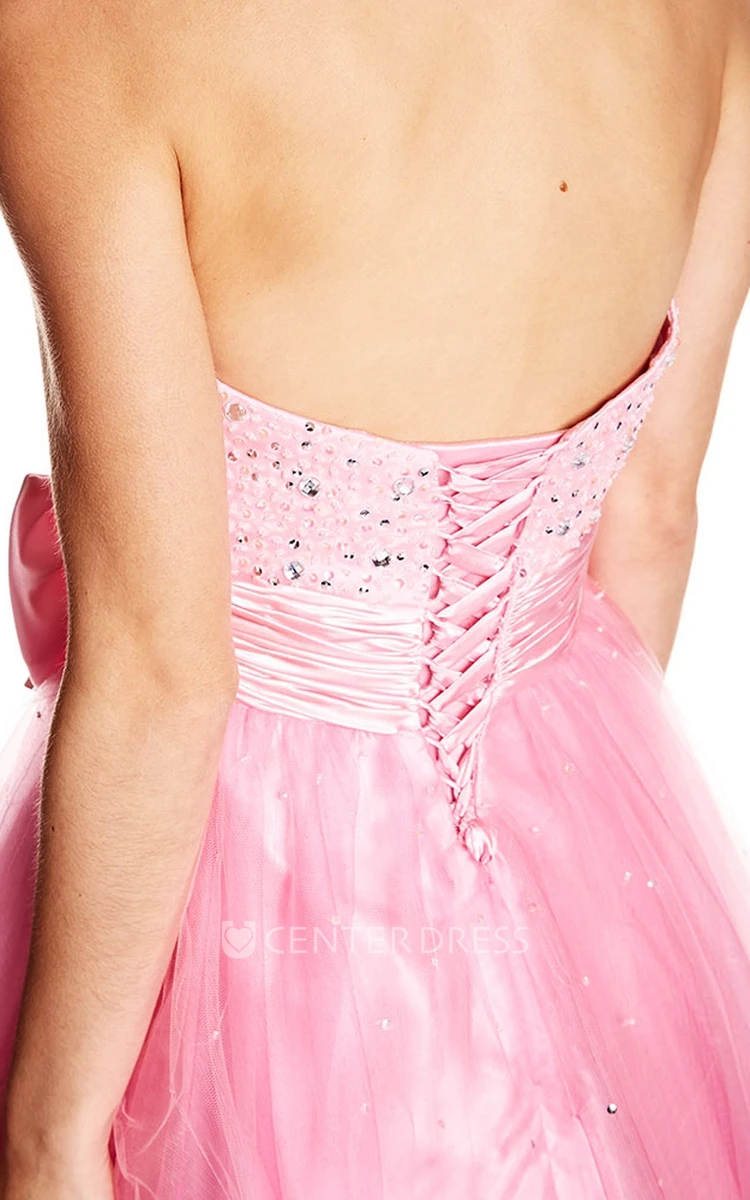 A-Line Sleeveless Sequined Sweetheart Floor-Length Tulle&Satin Prom Dress With Bow