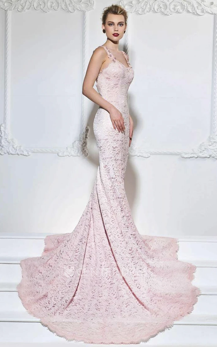 Mermaid Lace Floral Appliqued Gown With Straps And Open Back