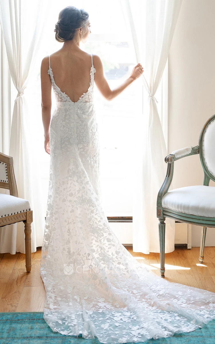 Ethereal Spaghetti Sheath Lace Wedding Dress With Low-V Back And Appliques