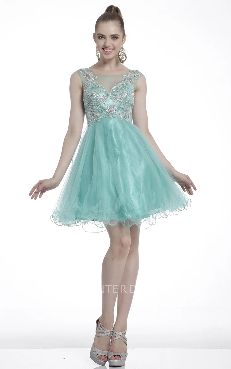 A-Line Long Bateau Sleeveless Tulle Satin Illusion Dress With Beading And Ruffles