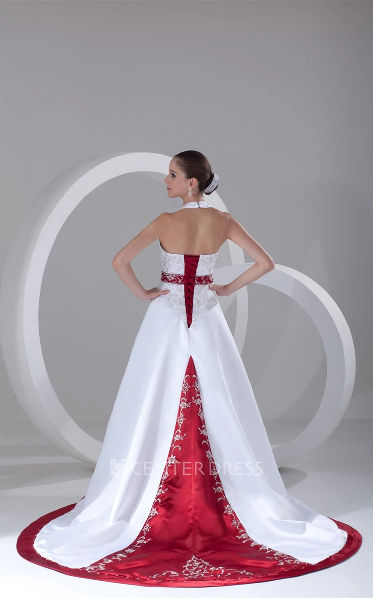 Halter Sleeveless A-line Satin Wedding Dress with Beading and Sash