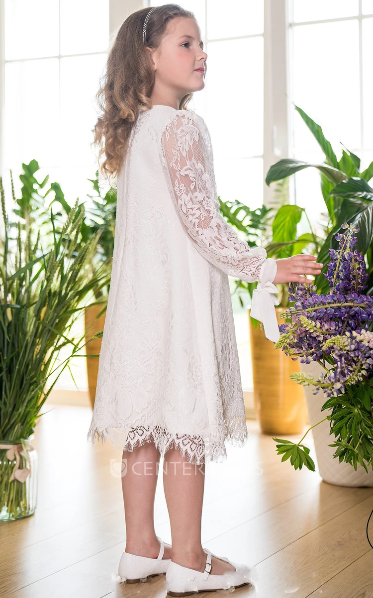 Elegant A Line Tea-length Long Sleeve Lace Zipper Flowergirl Dress