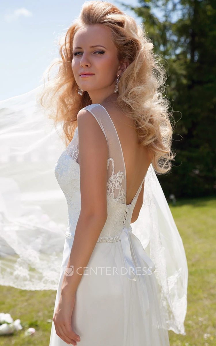 Sheath Scoop Maxi Lace Sleeveless Wedding Dress With Deep-V Back And Waist Jewellery