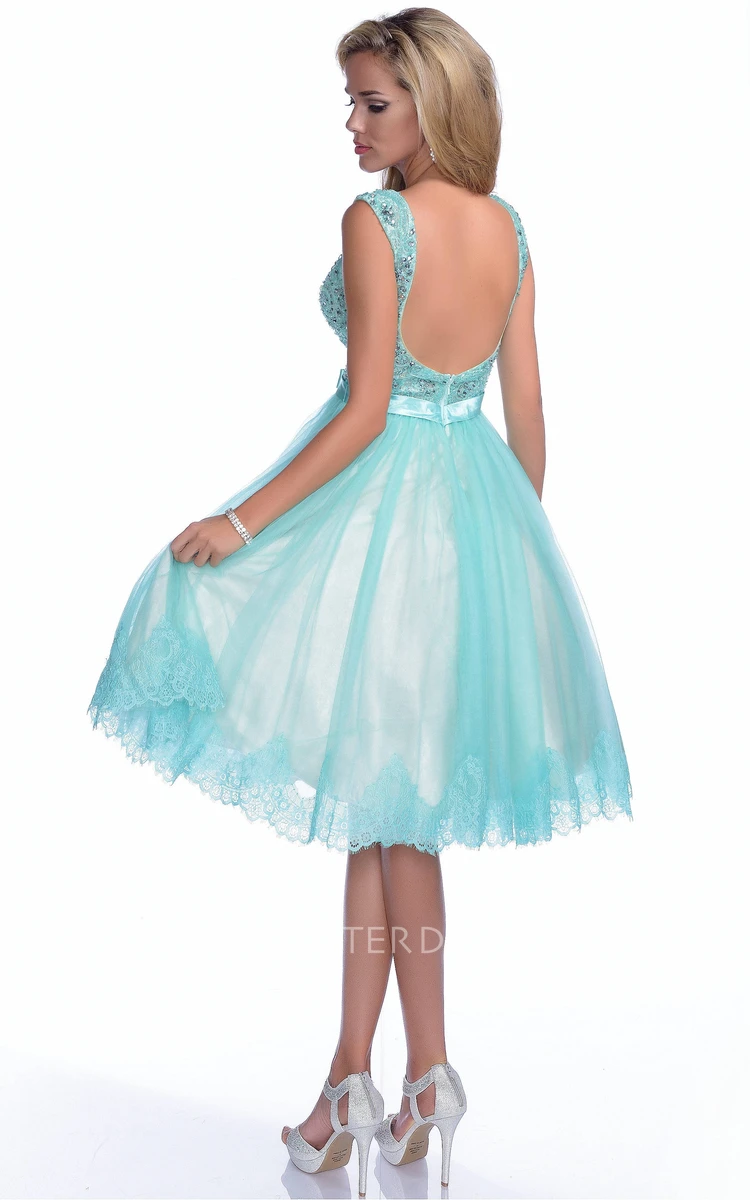 A-Line V-Neck Sleeveless Bow Sash Prom Dress With Jeweled Bodice And Lace Trim