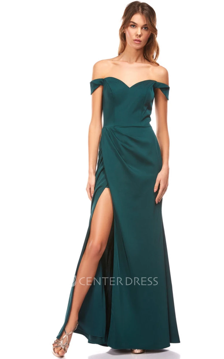 Casual A Line Satin Floor-length Short Sleeve Formal Dress with Split Front