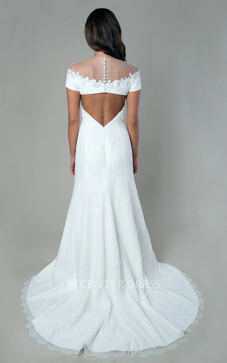 Scoop-Neck Lace Wedding Dress With Beading