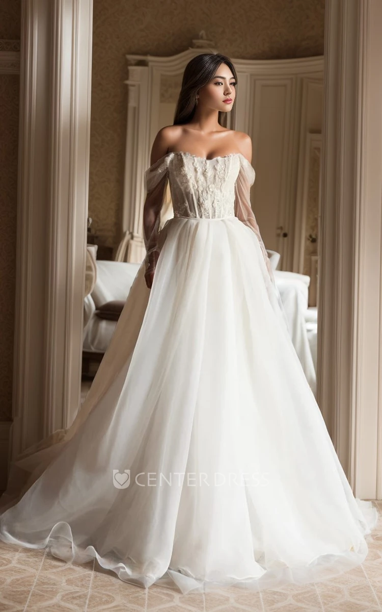 A-Line Off-the-shoulder Chiffon Wedding Dress Long Sleeve Appliques Open Back Bridal Gown with Train