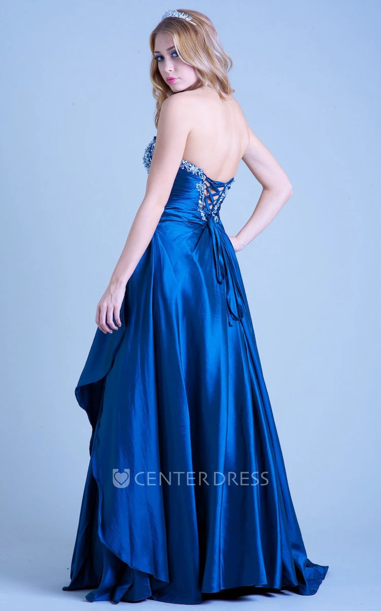 A-Line Sleeveless Strapless Floor-Length Beaded Satin Prom Dress With Draping