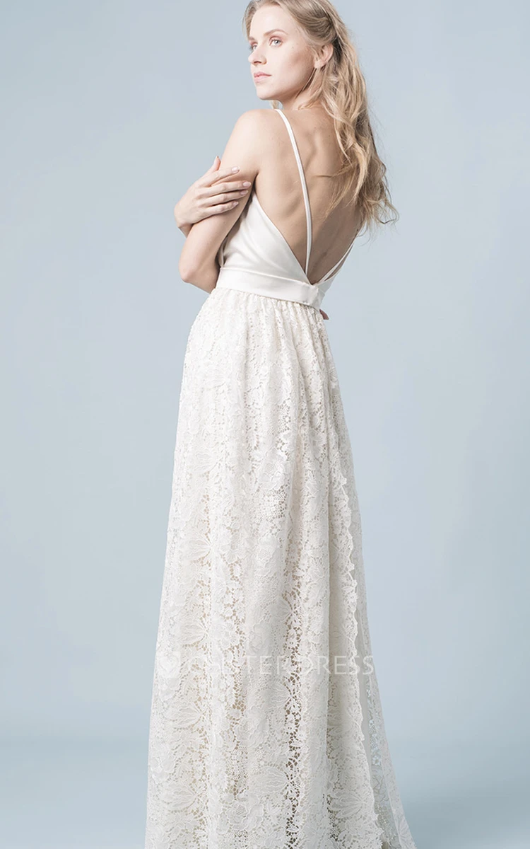 Casual A Line Lace Plunging Neckline Floor-length Sleeveless Wedding Dress With Ruching