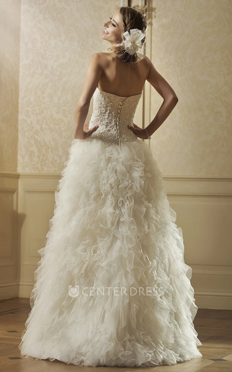 A-Line Strapless Ruffled Tulle Wedding Dress With Split Front