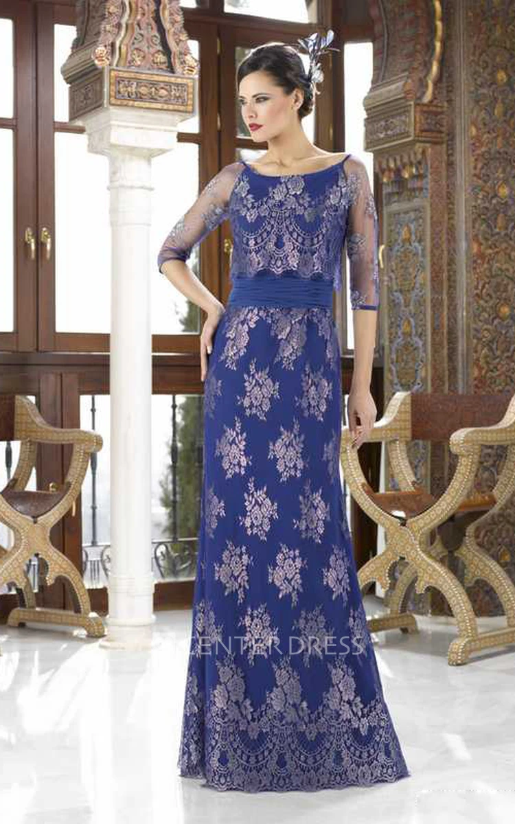 Scoop Neck Appliqued Illusion Sleeve Chiffon Mother Of The Bride Dress
