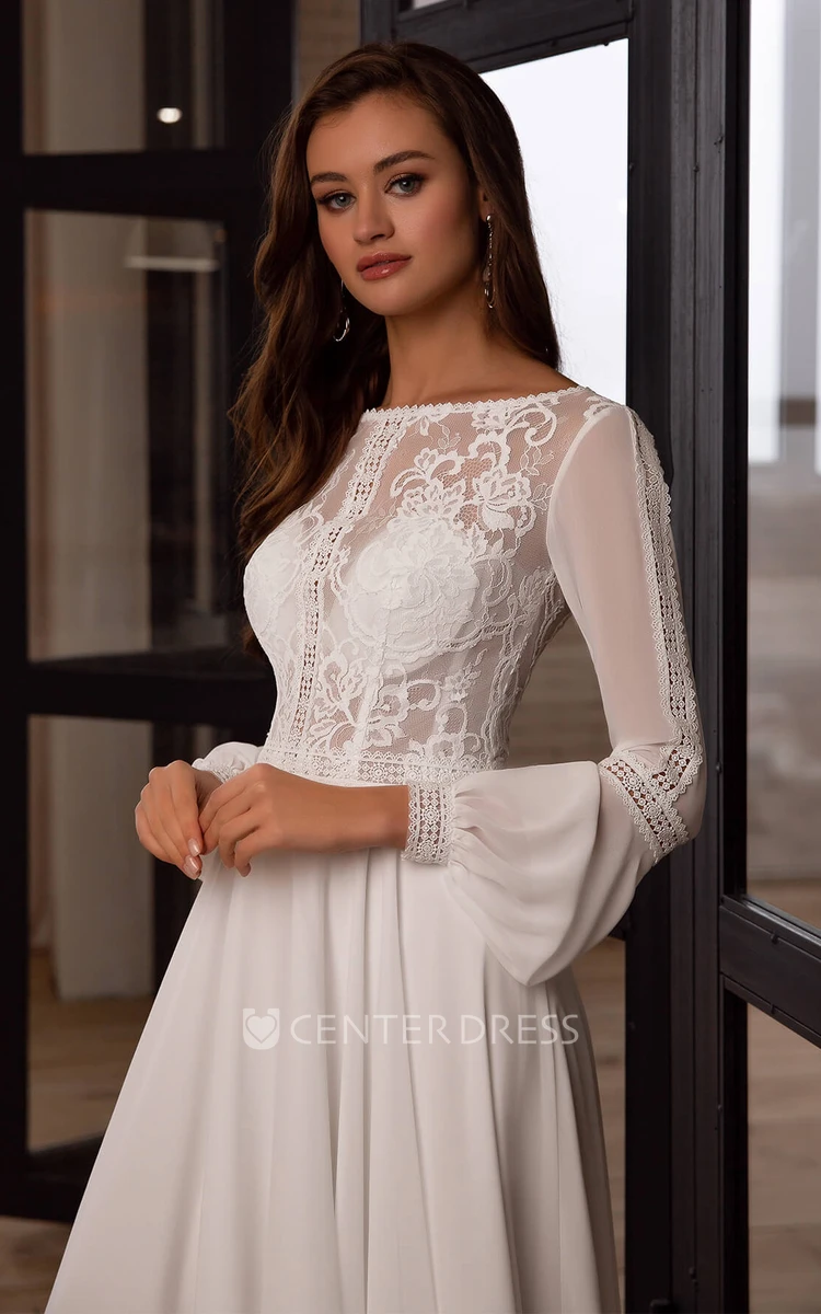 Ethereal A Line Chiffon and Lace Bateau Sweep Train Wedding Dress with Ruching