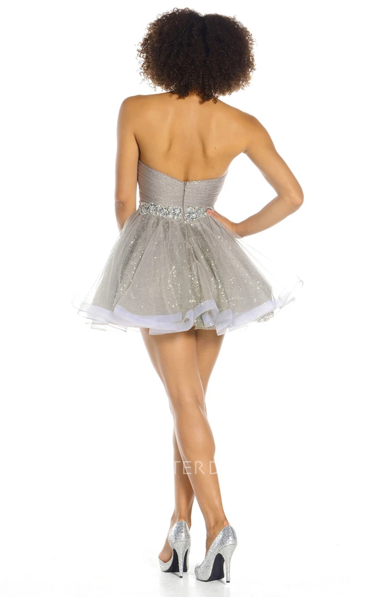 A-Line Ruched Mini Sleeveless Sweetheart Sequins&Tulle Prom Dress With Waist Jewellery