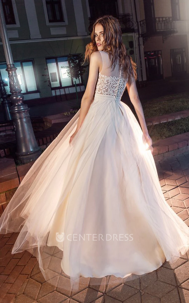 A-Line Scoop-Neck Sleeveless Tulle Illusion Dress With Appliques