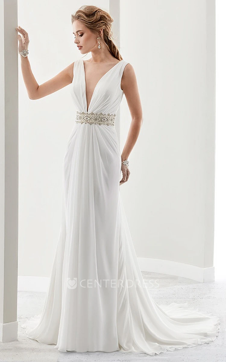 Deep-V Chiffon Draping Bridal Gown With Pleated Details And Open Back