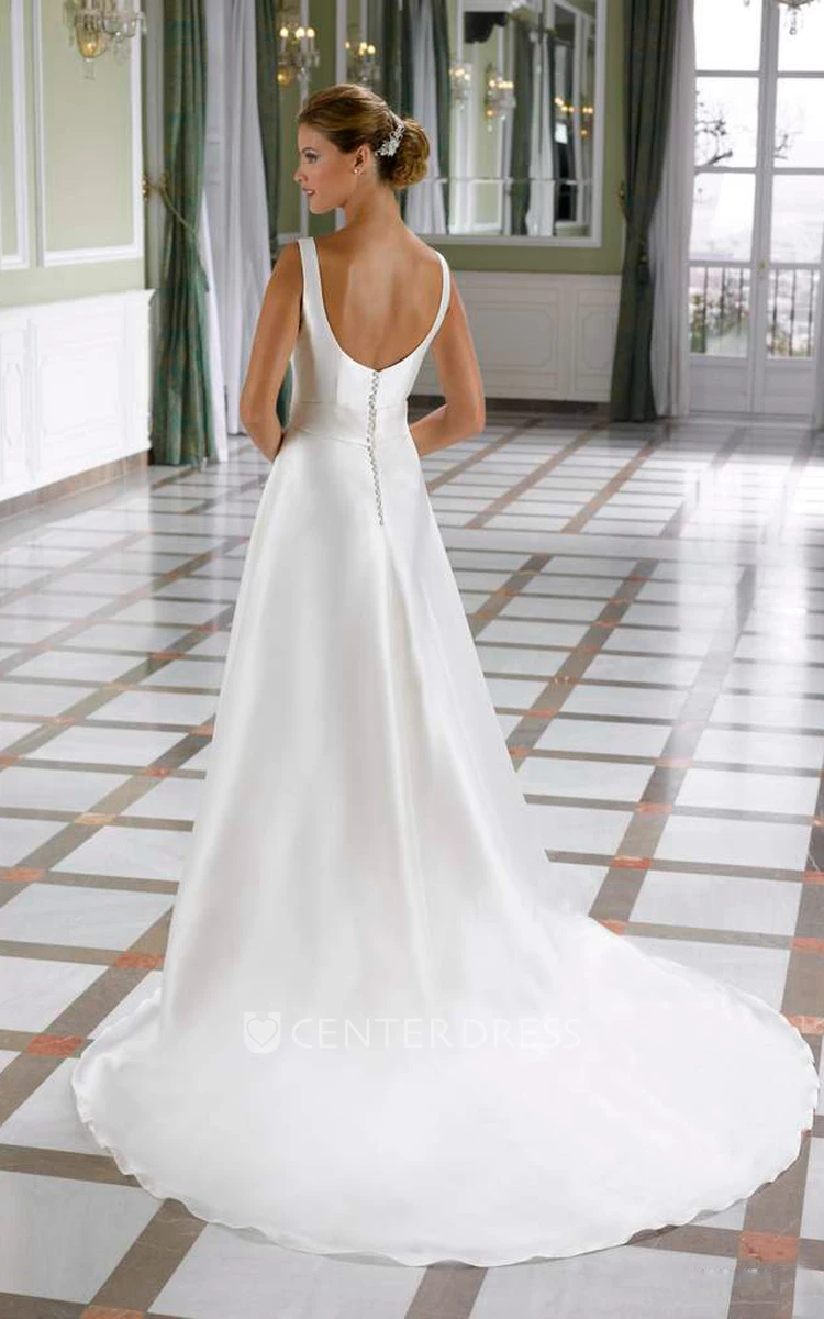 A-Line Bateau Long Jeweled Sleeveless Satin Wedding Dress With Court Train And Low-V Back