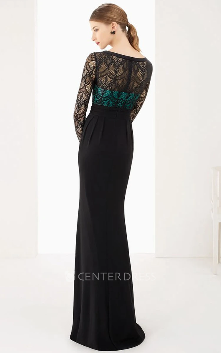 Scoop Neck Long Sleeve Sheath Chiffon Long Prom Dress With Lace Top