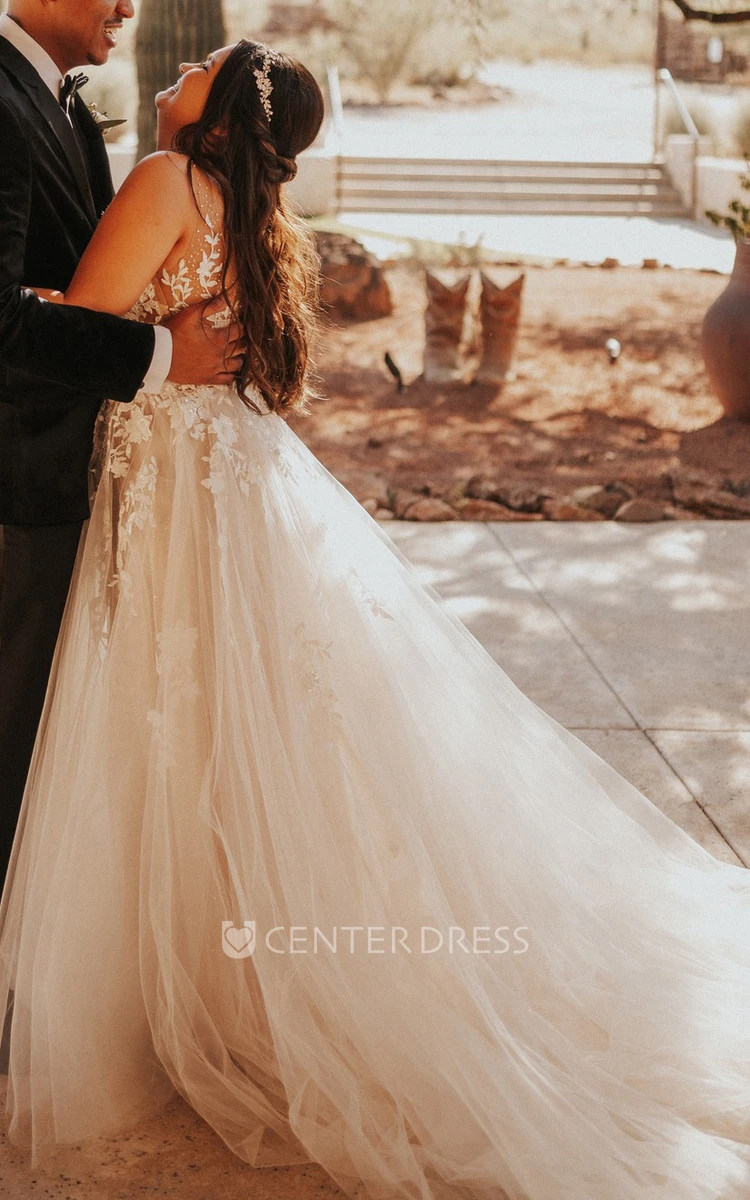 V-Neck Tulle A-Line Wedding Dress with Court Train Elegant Ethereal