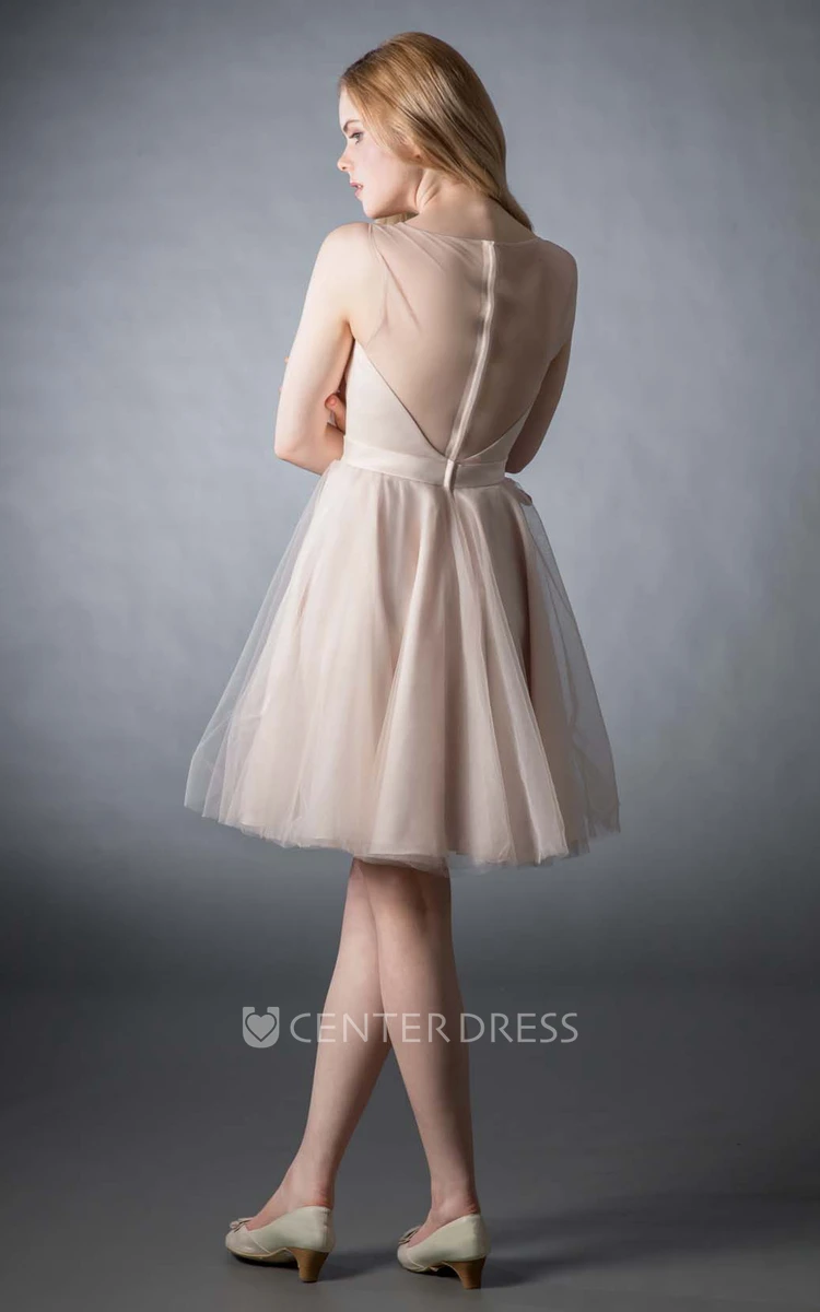 Short A-Line V-Neck Jeweled Sleeveless Tulle Bridesmaid Dress