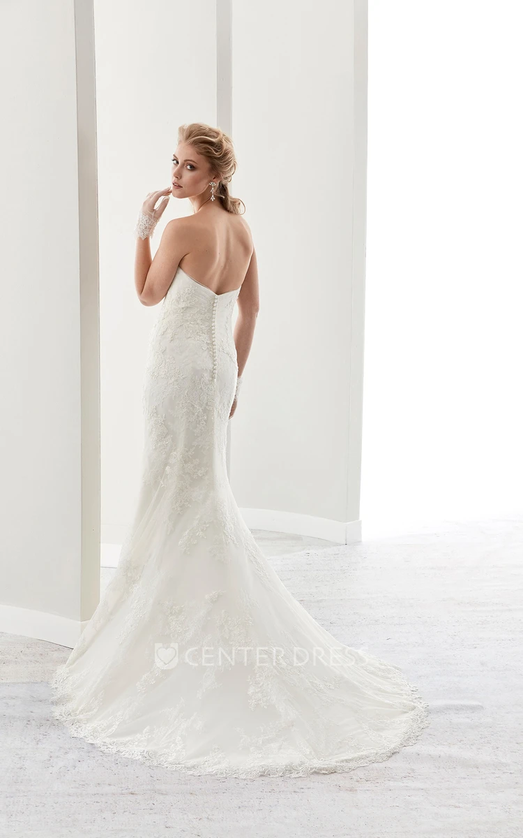 Strapless Lace Sheath Gown With Brush Train And Half Back