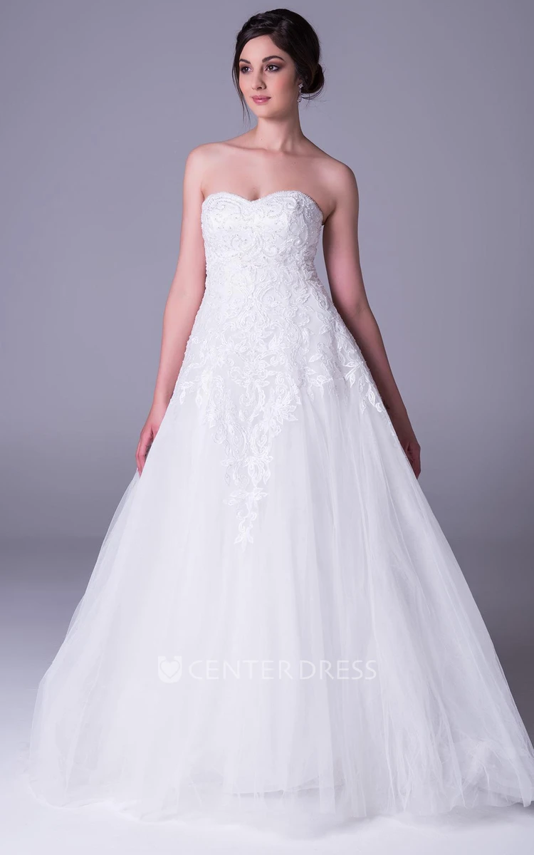 A-Line Appliqued Strapless Long Tulle Wedding Dress With Beading And Corset Back
