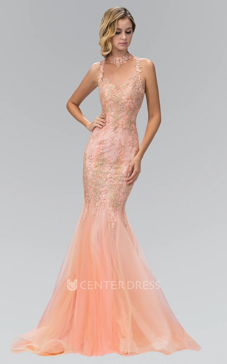 Mermaid Halter Sleeveless Tulle Illusion Dress With Appliques And Beading