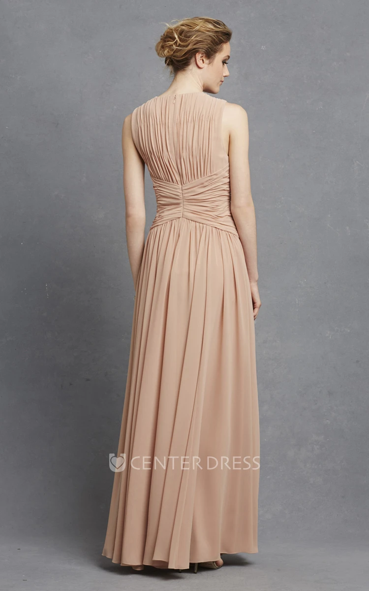 Sleeveless Chiffon V-Neck Dress With Crisscross Ruching
