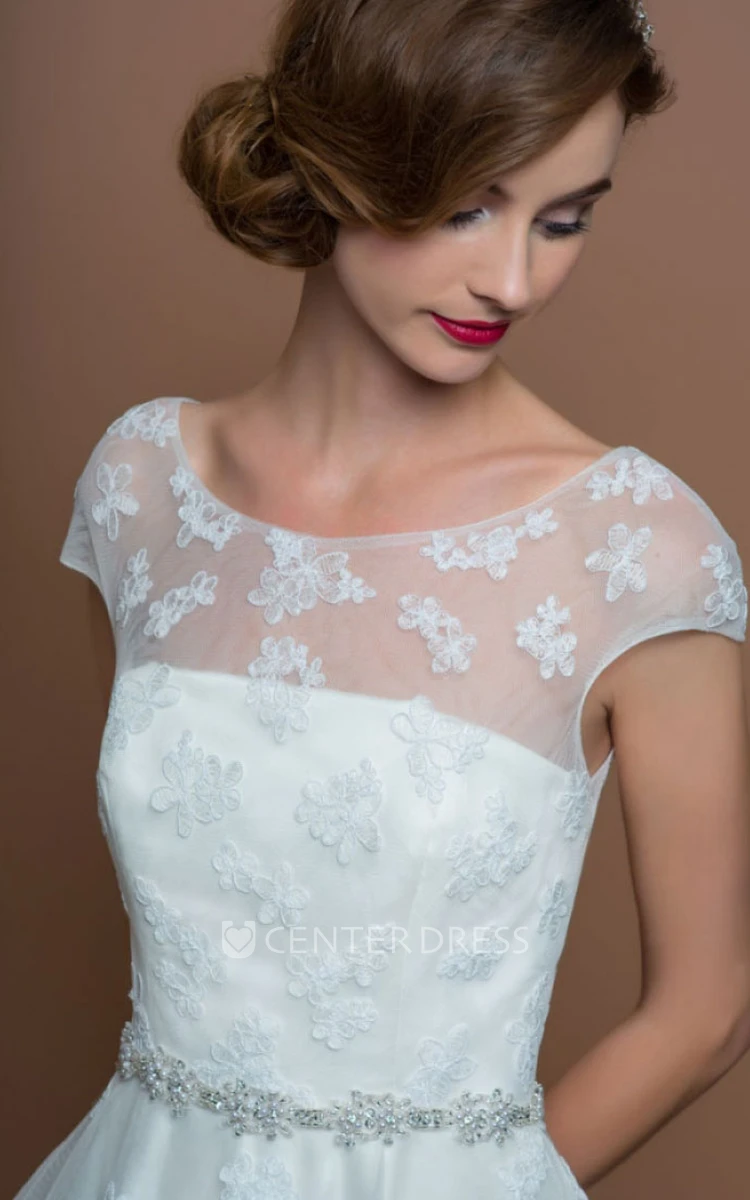 A-Line Scoop-Neck Cap-Sleeve Jeweled Tea-Length Tulle Wedding Dress