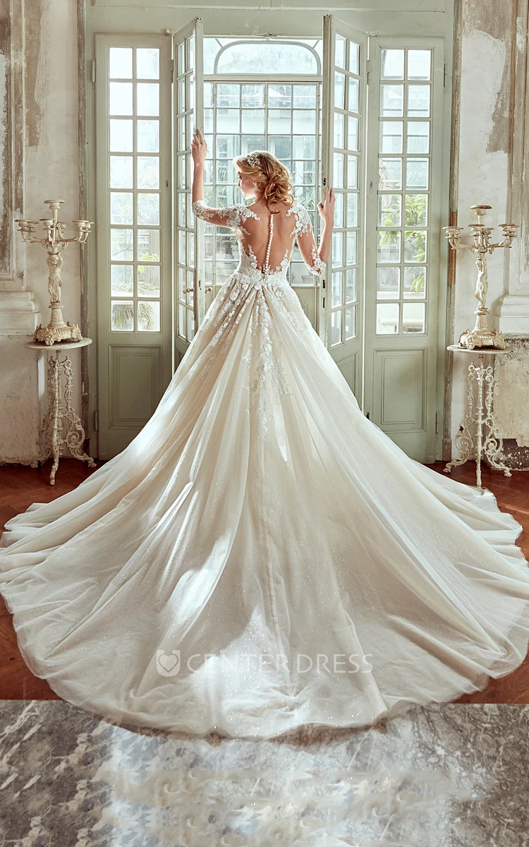 Half-Sleeve Lace Wedding Dress with Low-V Neck and Illusive Back
