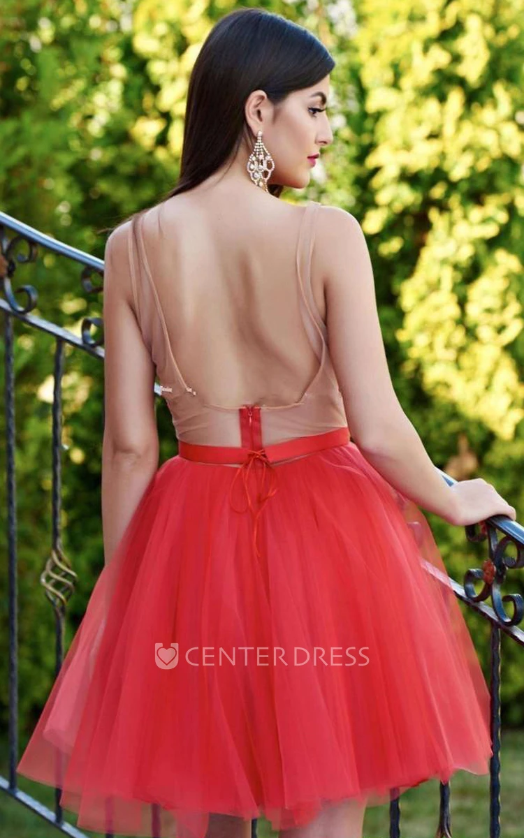 Casual A Line Tulle Plunging Neckline Sleeveless Homecoming Dress with Ribbon