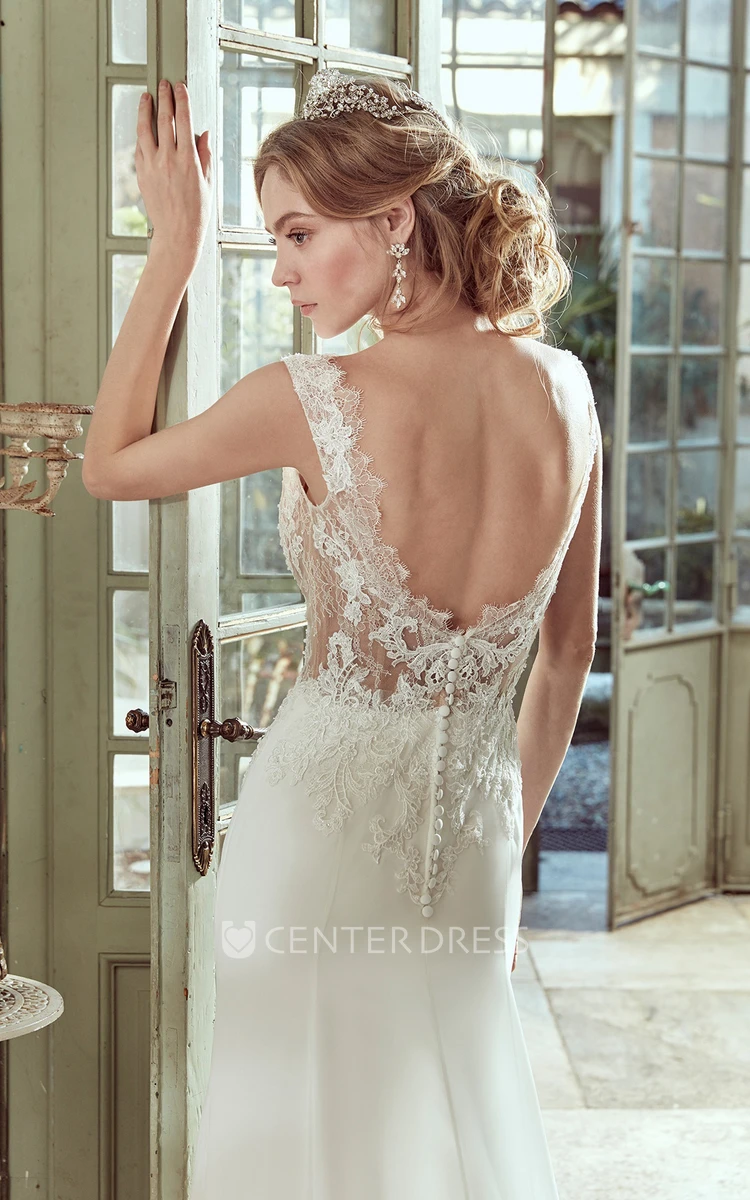 Cap-Sleeve Sheath Wedding Dress With Illusive Lace Bodice and Open Back 