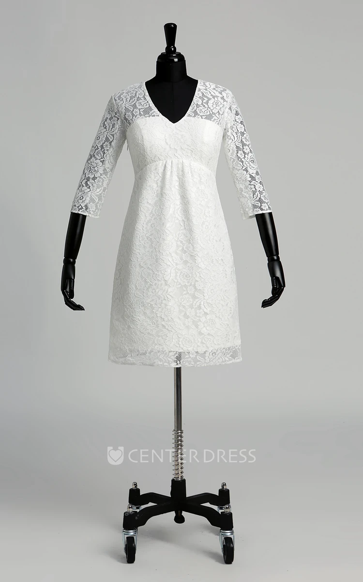 Lace A-line V-neck Illusion 3/4 Length Sleeve Ruched Wedding Dress