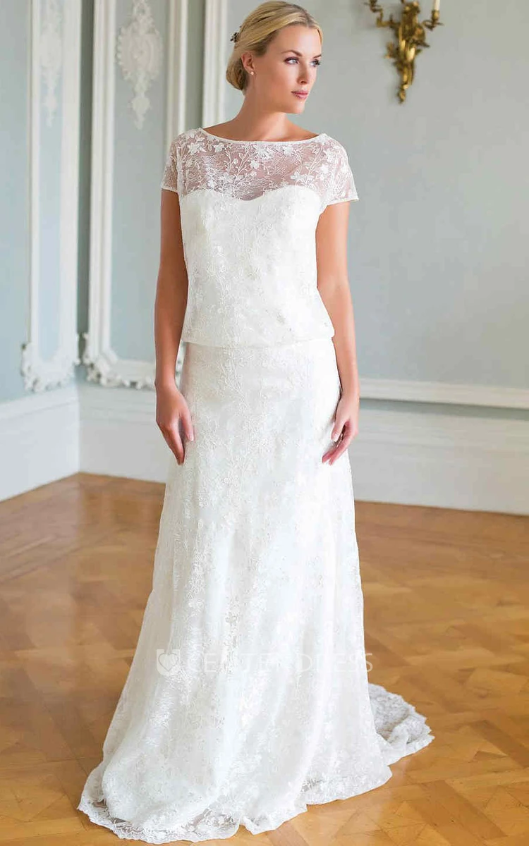 Sheath Scoop-Neck Cap-Sleeve Appliqued Lace Wedding Dress With Cape