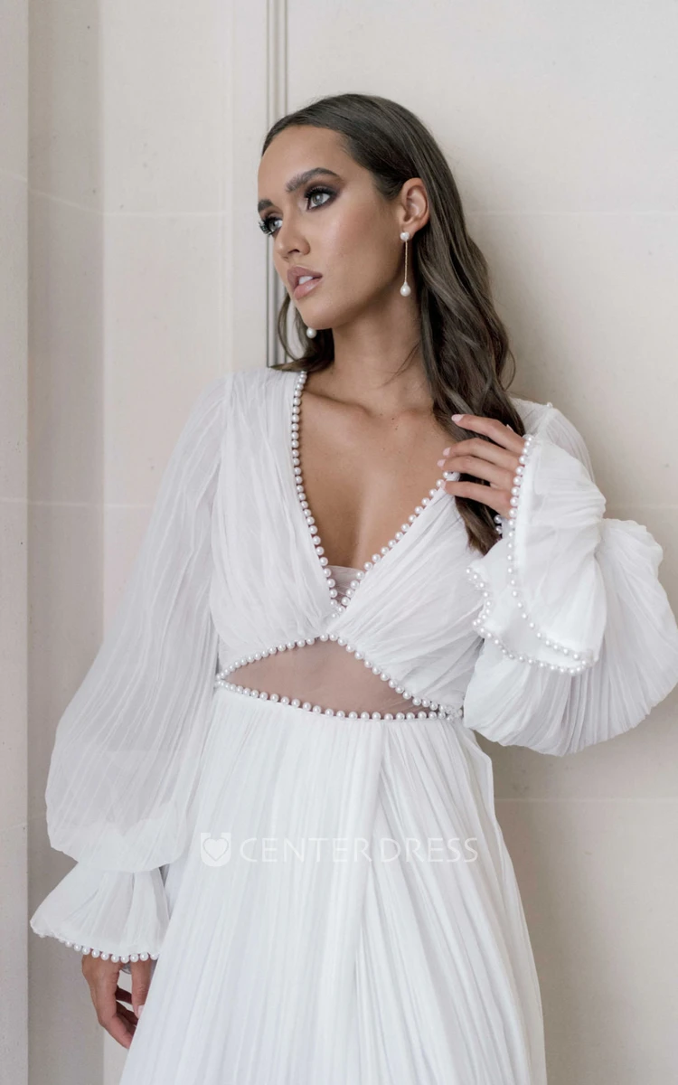 Sexy A-Line Chiffon Beach Wedding Dress with V-Neck and Illusion Back Flowy Bridal Gown