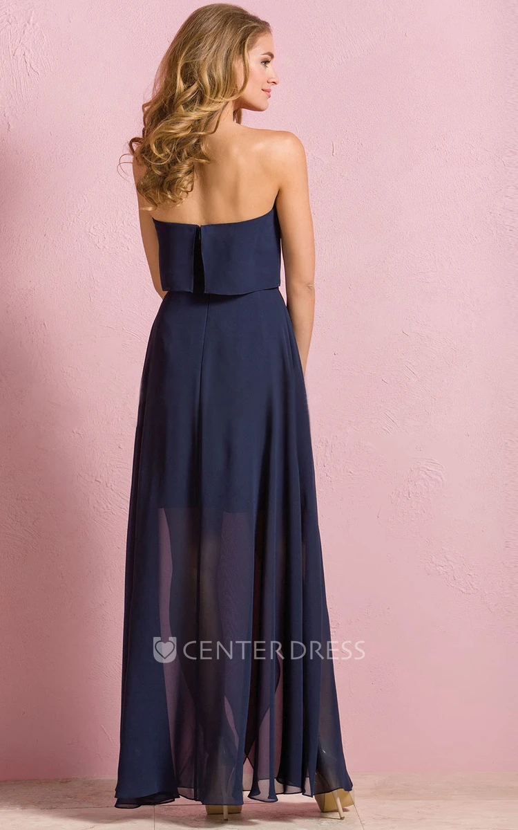 Strapless Flowy Long Chiffon Bridesmaid Dress With Pleats And Illusion Style