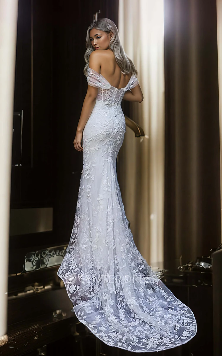 Glamorous Romantic Mermaid Lace Tulle Off-the-shoulder Plunging Neckline Wedding Dress Floor-length Sleeveless Appliques Bridal Gown with Open Zipper Back Court Train