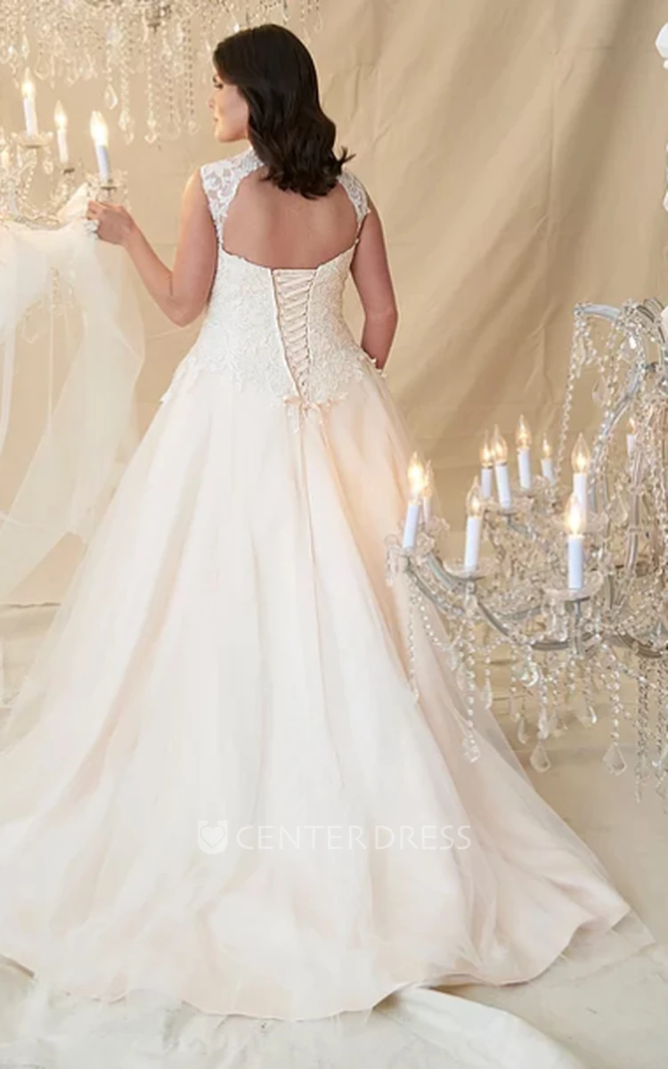 Ball Gown V-Neck Beaded Sleeveless Tulle&Lace Plus Size Wedding Dress